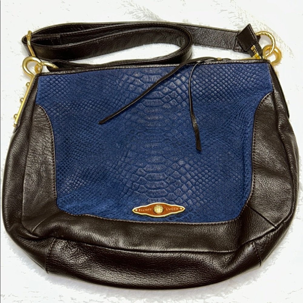 Elliott Lucca Brown Leather and Blue Women's Shoulder Bag